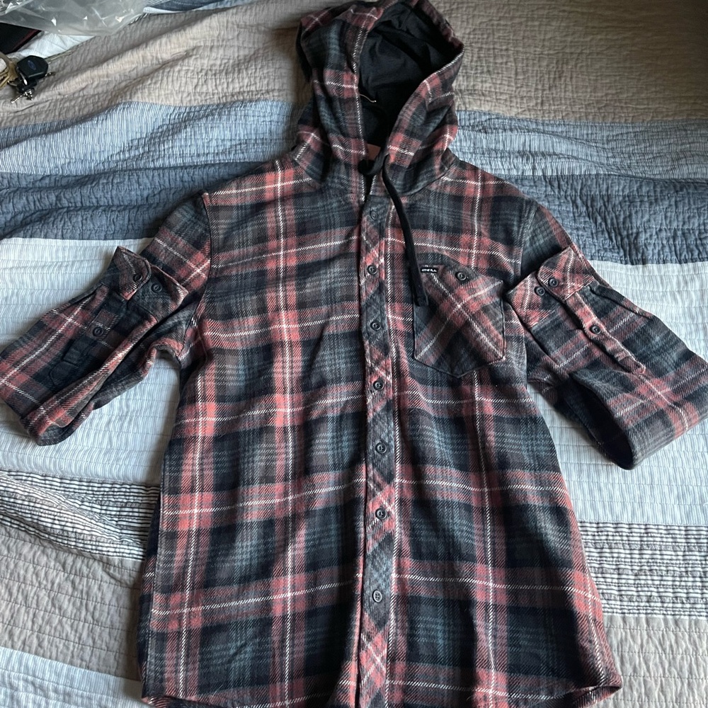 O'Neill Red and Black Checkered Hooded Shirt